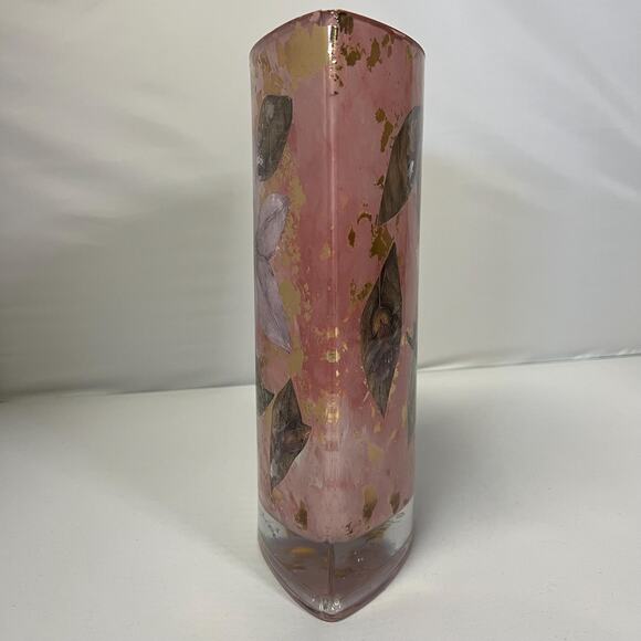 Floral Collage Pink Glass Vase with Gold Flakes, Signed Art Vase - Picture 4 of 5